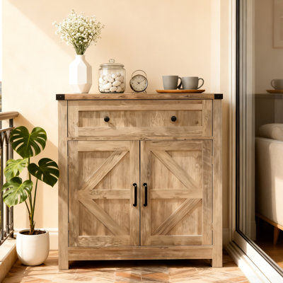 Barn-door Sideboard With Drawer - Gray-washed Wood, Suitable For Kitchen, Bathroom, Balcony, Dining Room, And Entryway, Silverware Storage