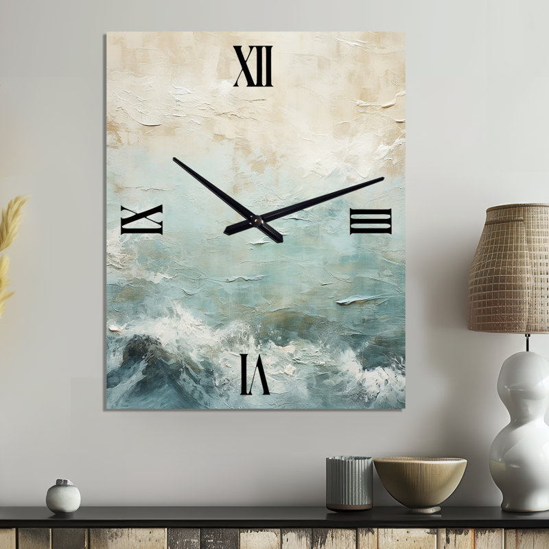 Horloge murale moderne en métal bord de mer beige et bleu River I, Surdimensionné