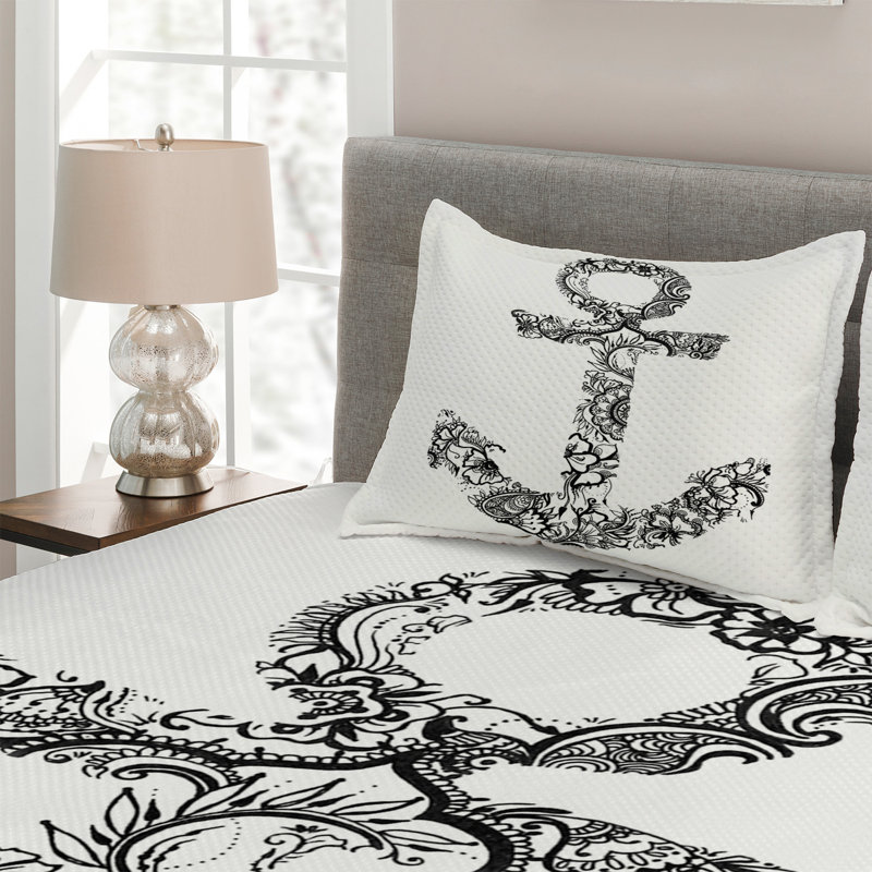 White Quilted Queen Bedspread Set with Anchor Design
