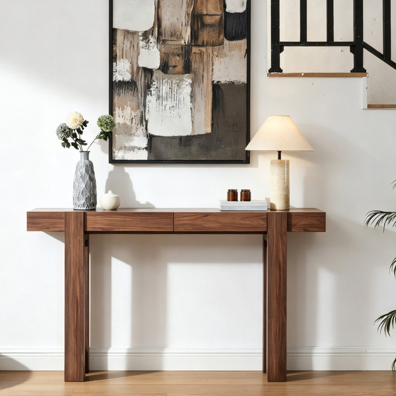 Console de 63 po en bois de style minimaliste moderne pour le hall d'entrée et le salon avec 2 tiroirs, Noyer foncé
