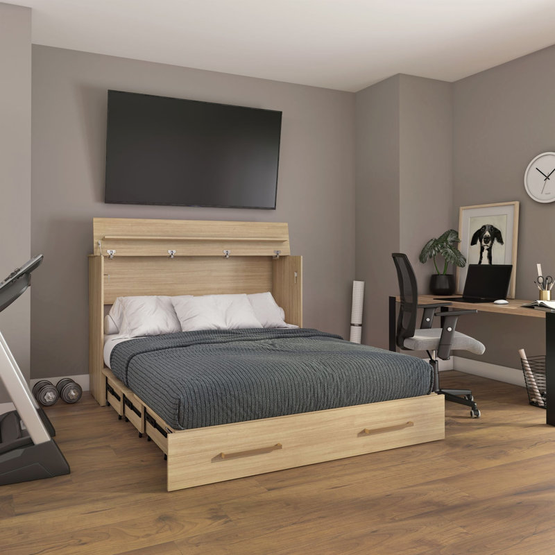 Lit cabinet TRIADE – design escamotable gain de place avec lit queen et matelas inclus – choix de finis, Beige
