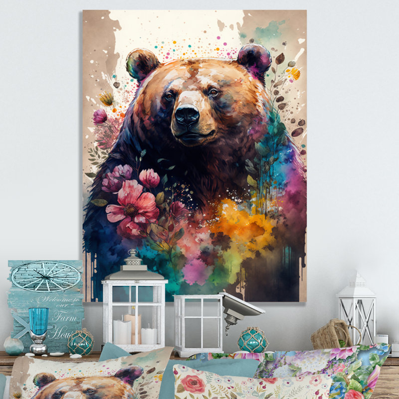 Ours mignon, art floral II - impression, H 20 po x l 12 po x P 1 po, Toile tendue