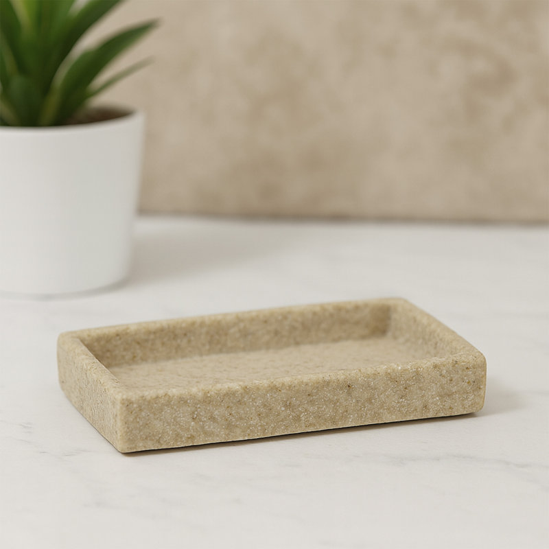 Stone Effect Soap Dish Holder Cup Dispenser Tray, Natural