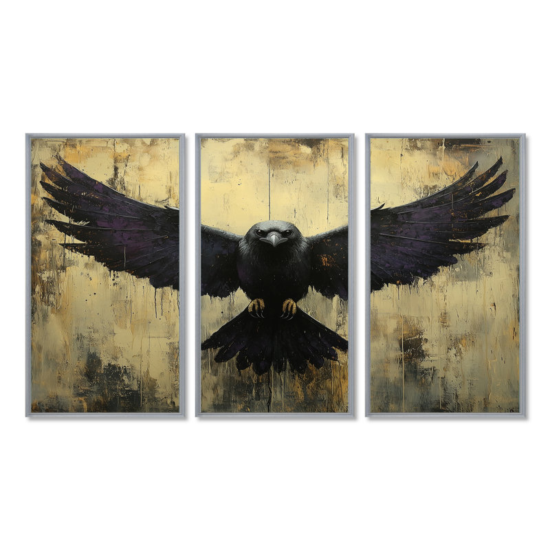 Ensemble de salon Black Native Ravens Wings - Native American Art Totem, Toile avec cadre flottant or
