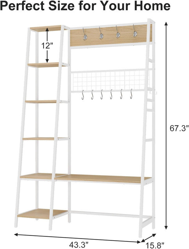 Portemanteau 4 en 1 et portemanteau avec banc à chaussures, banc d'entrée avec 8 crochets amovibles, rangement industriel pour vestibule
