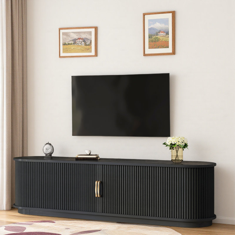 Meuble télé vintage rétro avec portes coulissantes en bois à lattes, tiroir, tablettes réglables et gestion des câbles, Noir