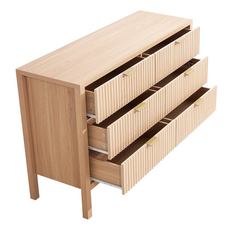 Commode 6 tiroirs cannelés, commode en bois avec dispositif coulissant et anti-basculement, commode minimaliste moderne, rangement pour placard de salon, couloir, entrée, bois clair