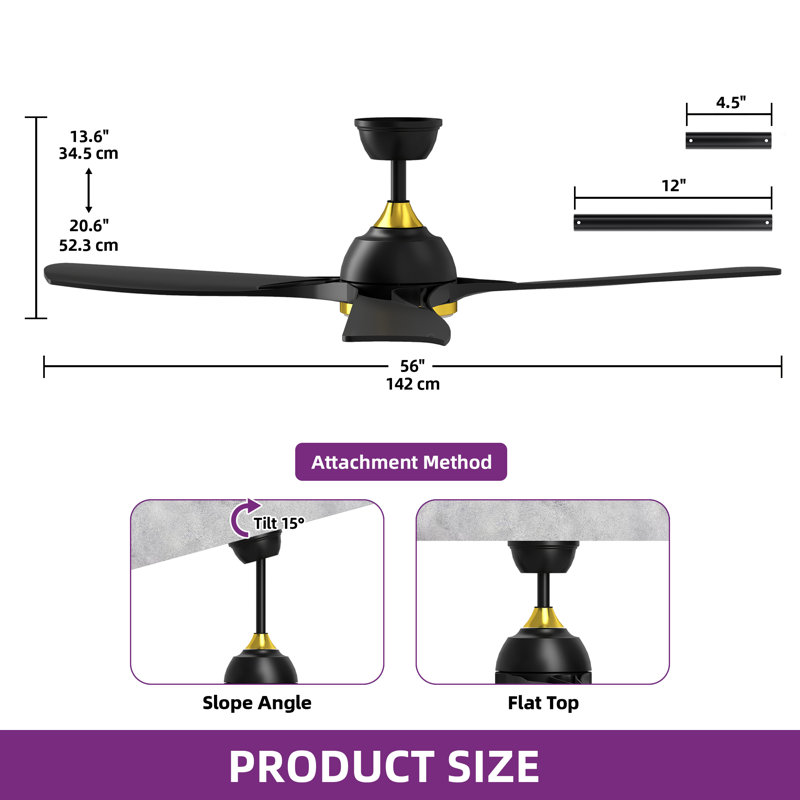 Mercer41 56 Inch Gold Ceiling Fan With Light 3-Blade Modern Smart Reversible Ceiling Fan, Black