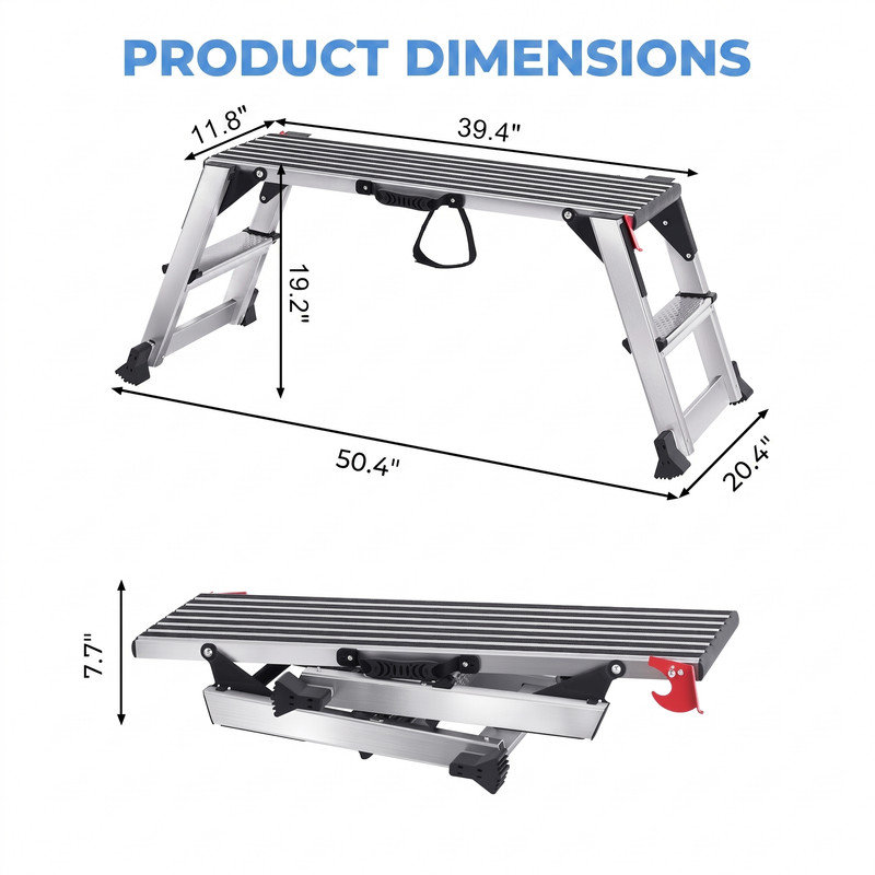 Escabeau antidérapant pliable en aluminium avec capacité de 660 lb, escabeau pliant avec plate-forme de travail pliante 39,4 x 11,8 po
