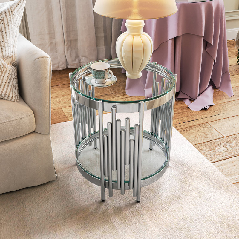19.7" Wide 2-Tier Round Glass Top End Table Couch Side Table, Clear, Silver