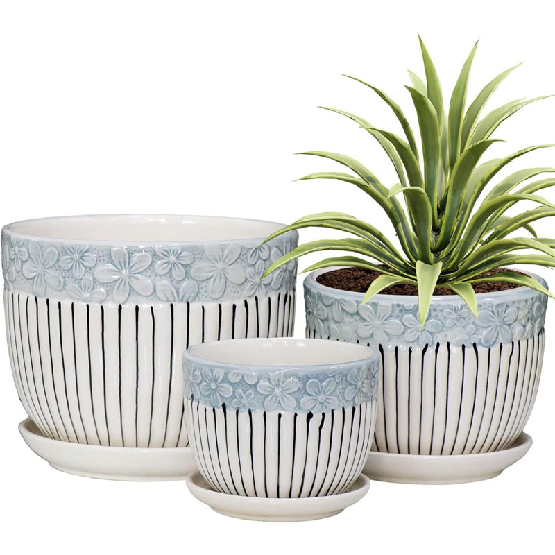 Flower Pots,Texture Planter For Indoor Plants Set Of 3 Ceramic Flower Pots With Saucer,Cute Garden Pots Succulent Pots(3 Pack)