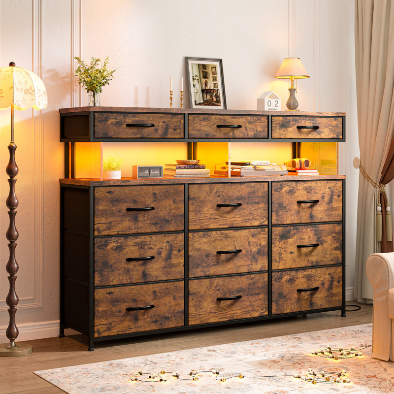 Dresser For Bedroom With 12 Drawers, Dressers With Led Light, Charging Station And Acrylic Sheet, Brown