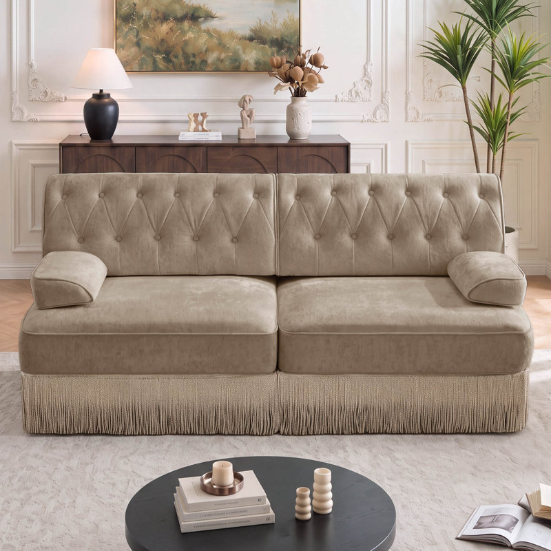 Canapé Chesterfield 76,6 po en velours avec jupe à franges, Velours brun clair, 2
