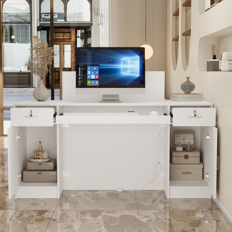 Bureau de réception blanc avec éclairage DEL, 3 tiroirs verrouillables et 2 portes d'armoire