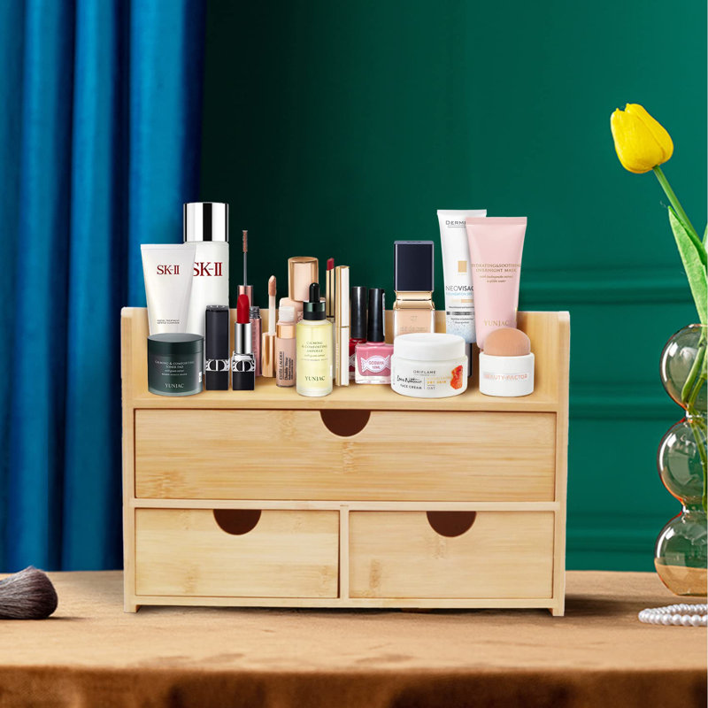 Large Natural Bamboo Makeup Organizer with Three Drawers