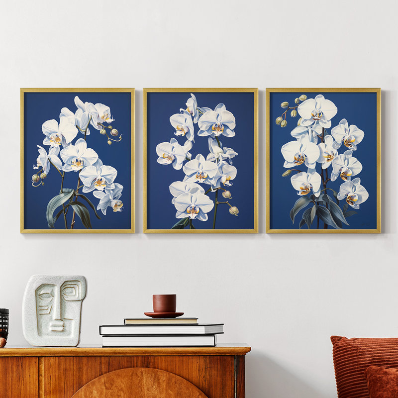 Floral Study Series LVI -Set de 3 estampes numériques giclées -Prêt à accrocher, Doré, H 28 po x l 66 po