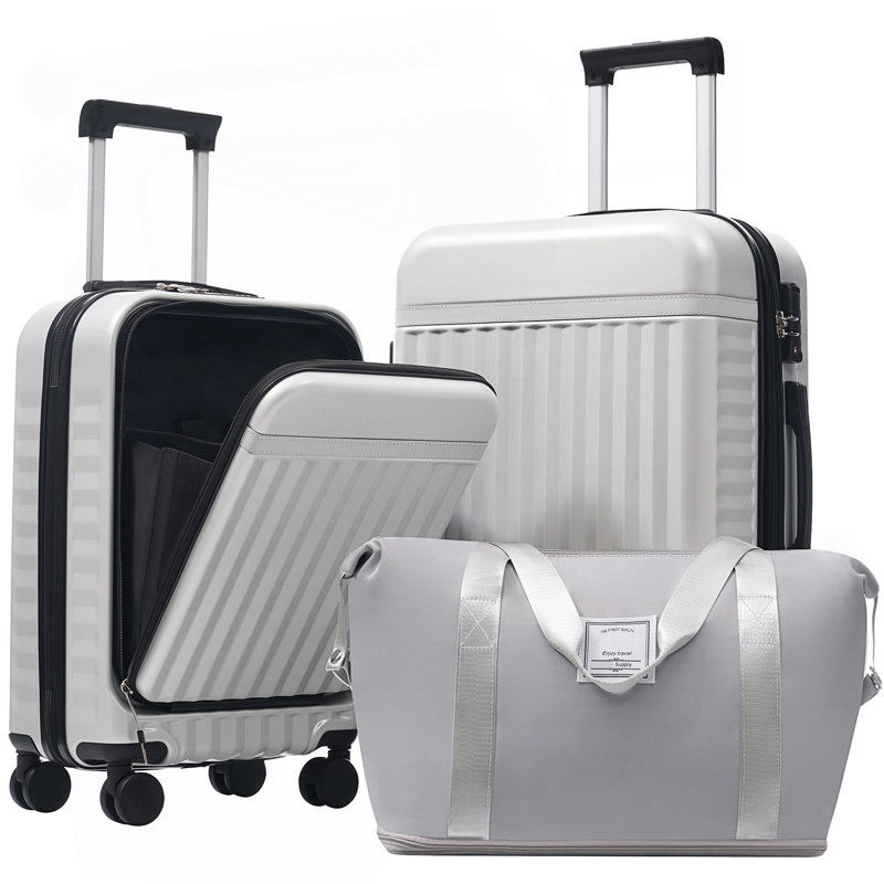 Ensemble de valises à ouverture frontale 3 pièces, valise de transport rigide avec port USB, Grey+White