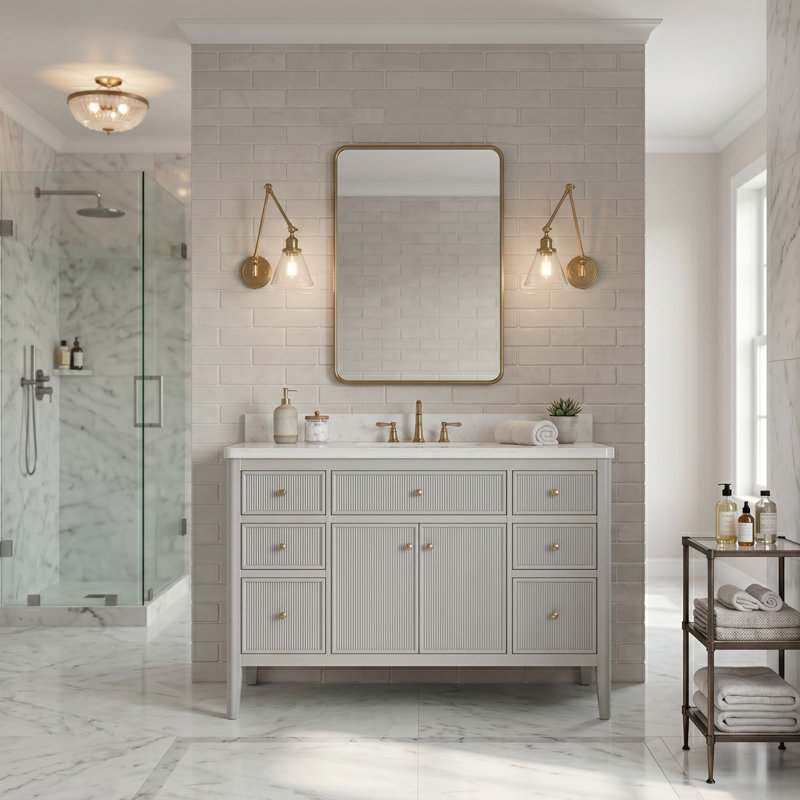 Meuble-lavabo simple 48 po avec plateau en pierre reconstituée de 1,4 po d'épaisseur et structure en bois massif, gris discret