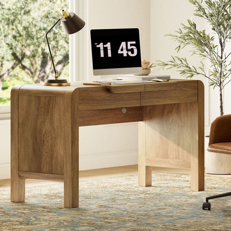 Bureau d'écriture en cascade courbé de 47,2 po de style Mid-Century avec 2 tiroirs, bureau d'ordinateur en bois avec station de charge, bureau pour bureau à domicile