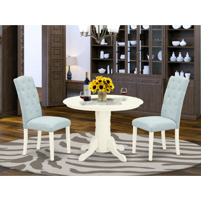 L'ensemble de table de salle à manger 3 pièces comprend une table de cuisine ronde avec piédestal et 2 chaises en tissu bleu lin, blanc lin