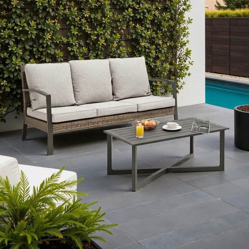 Ensemble de conversation invitant en osier avec coussins moelleux et table basse Détendez-vous dans un style intemporel, Gris