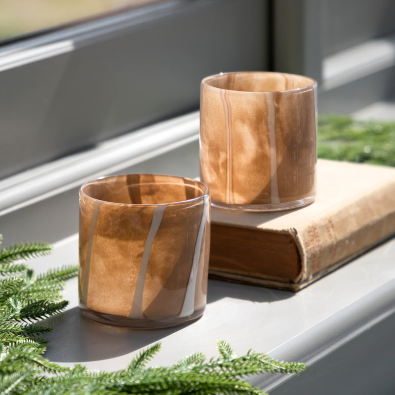 2 Piece Glass Tabletop Tealight Holder Set, Beige