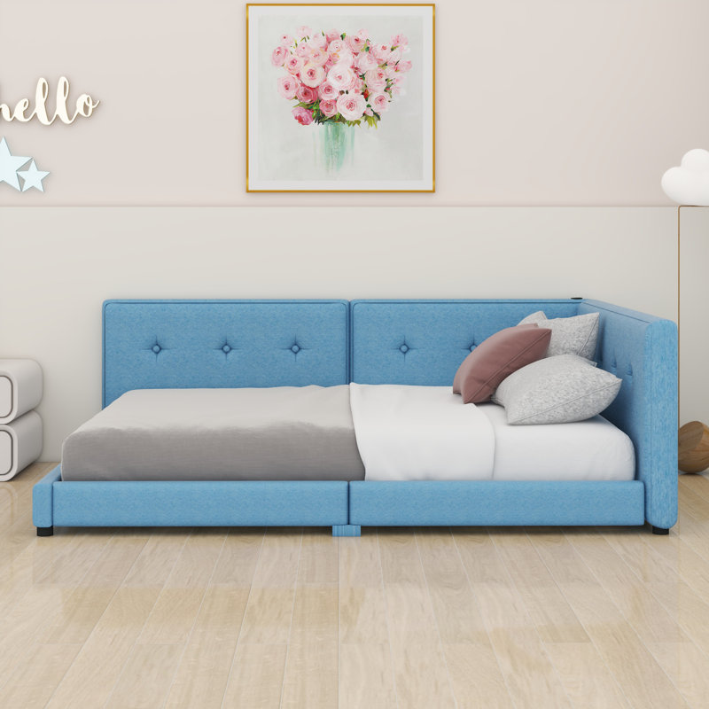 Lit plateforme tapissier avec ports USB, Bleu, Lit double