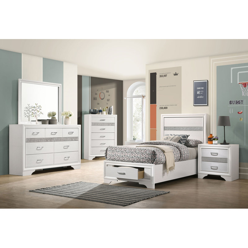 Ensemble de chambre à coucher simple 5 pièces Miranda - blanc, Blanc, Simple