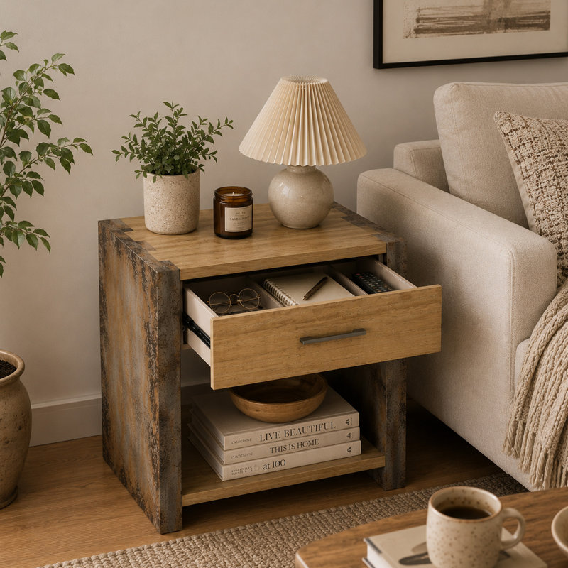Table de chevet en bois avec 1 tiroir et compartiment ouvert, table de chevet industrielle pour chambre à coucher