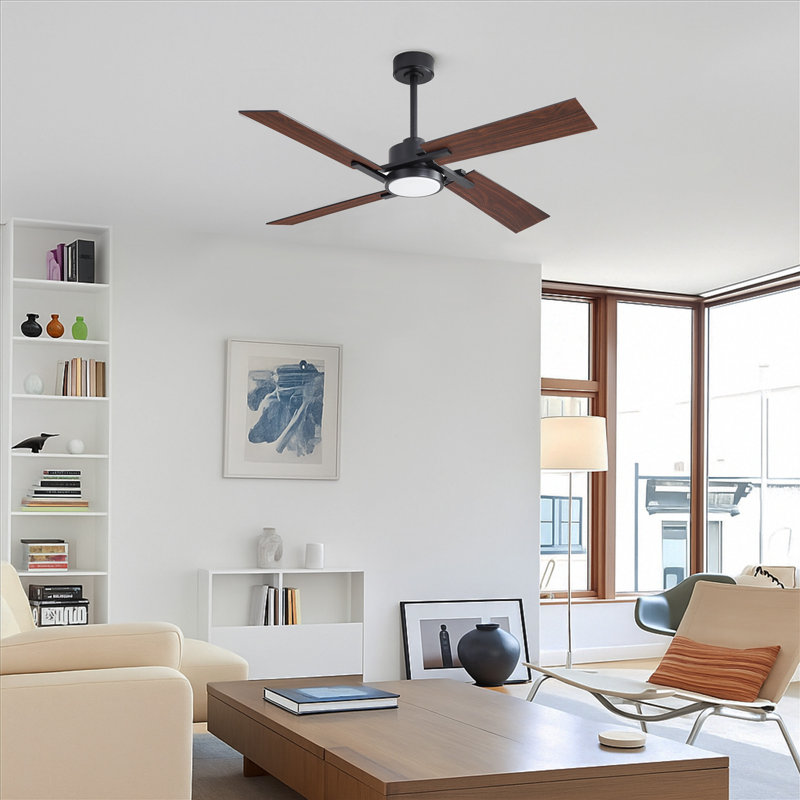 Ventilateur de plafond à 4 pales avec lumière DEL et télécommande Kyliegh, Bois brun foncé, Noir, 56 po de largeur