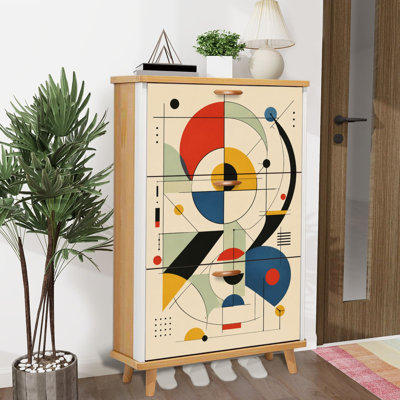 Shoe Storage Cabinet with 3 Flip Drawers for Abstract Geometric Bauhaus Style Composition Circles Lines Shoe Rack Storage Organizer
