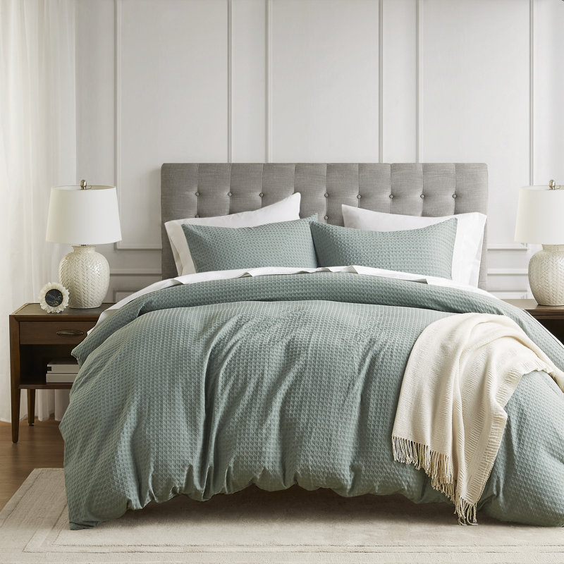 Ensemble de housse de couette texturée Mina Waffle Weave, Housse de couette double / grand + 2 taies décora, Vert sauge