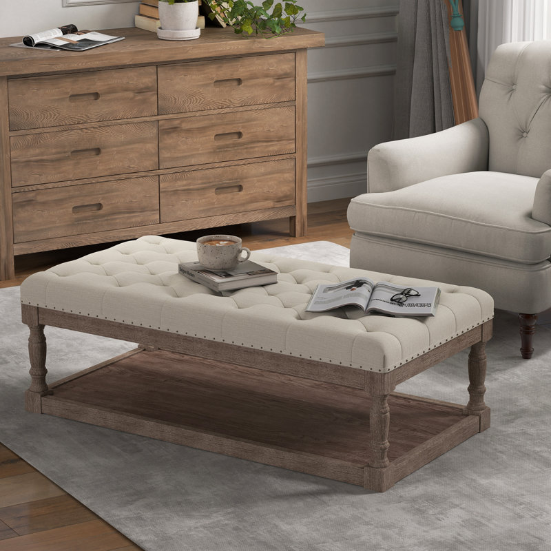 48" Wide Tufted Rectangle Cocktail Ottoman, Vintage Brown, Ivory