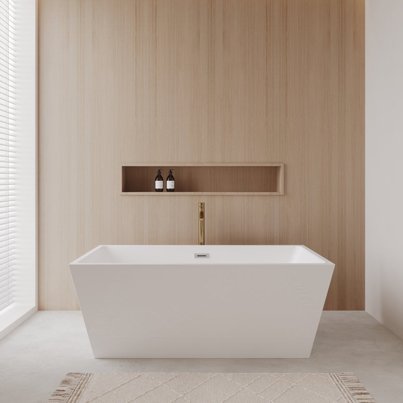 Sara 63'' x 32'' Soaking Acrylic Bathtub with Faucet, White/Polished Chrome/Brushed Gold