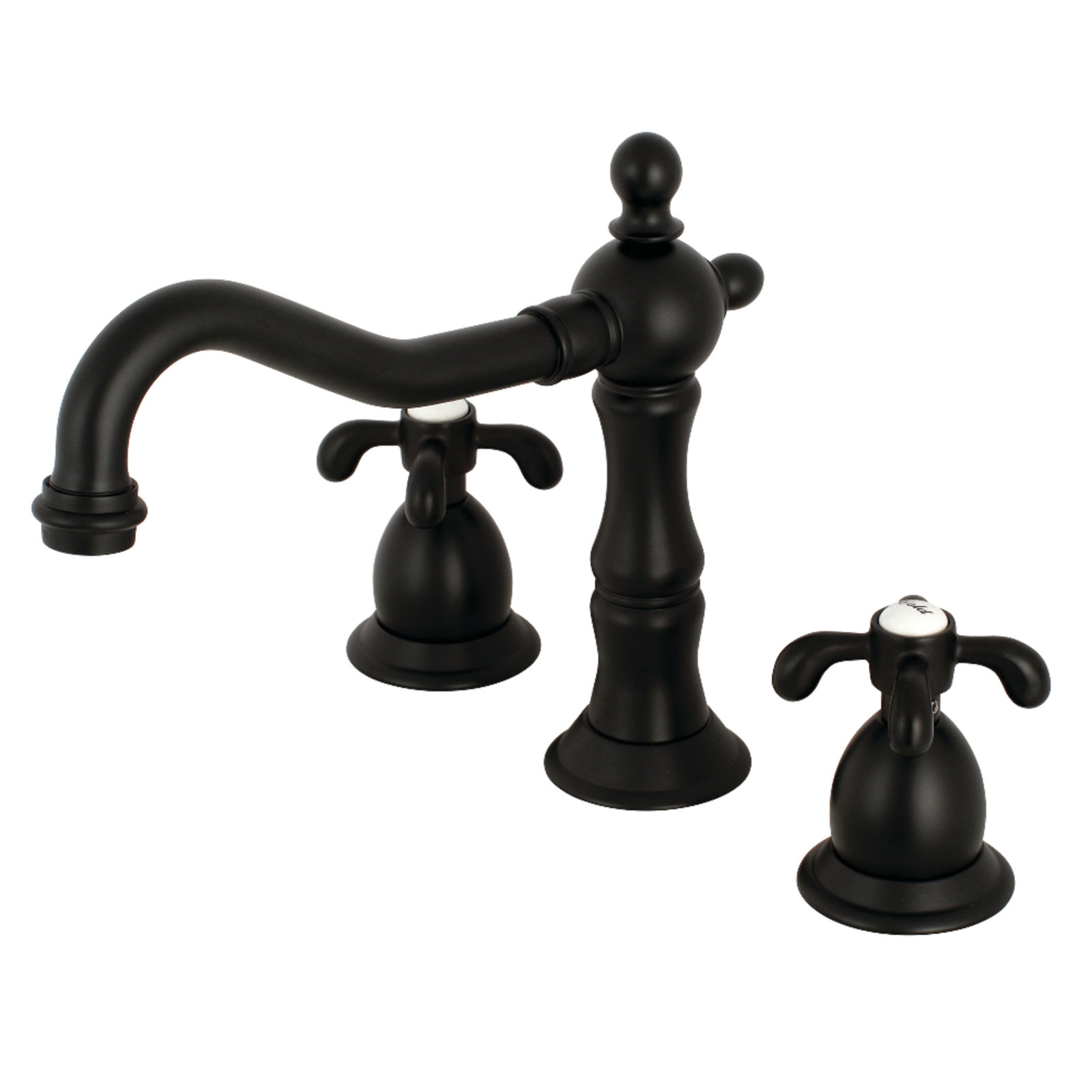Kingston Brass French Country Two-Handle 3-Hole Deck Mount Widespread Bathroom Faucet with Brass Pop-Up Drain, Matte Black