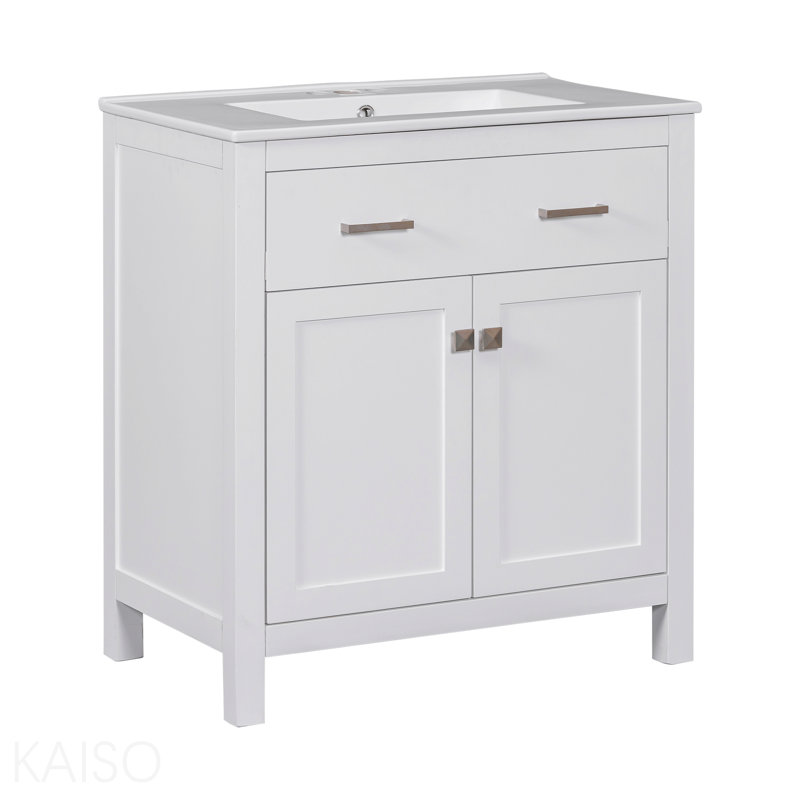 Meuble-lavabo de 30 pouces avec lavabo en céramique, armoire de salle de bain simple blanche moderne avec 2 portes et une tablette, portes à fermeture en douceur