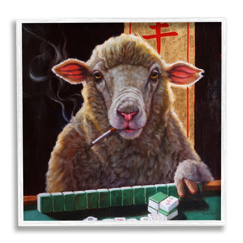 Moutons jouant au jeu de tuiles de mahjong, animal fumant par Lucia Heffernan, L 24 po x H 24 po