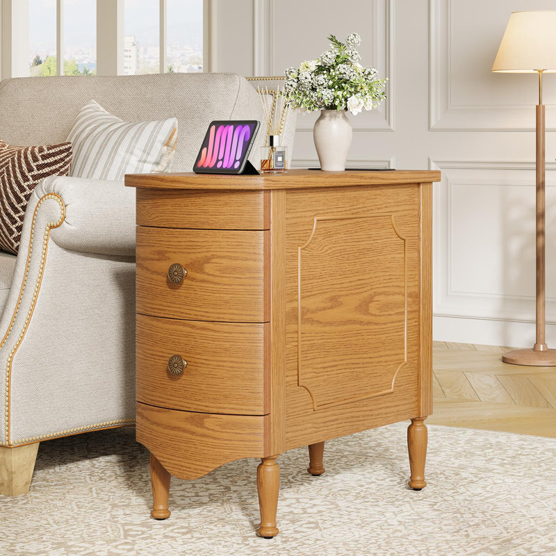 Narrow 2 Drawer End Table With Charging Station, Light Walnut