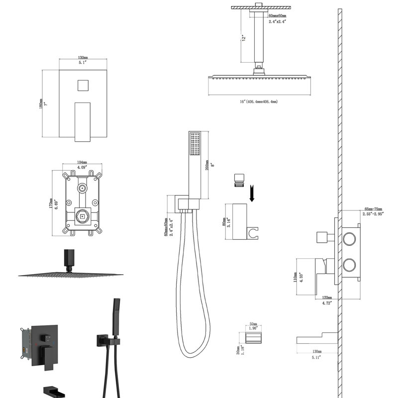 Système de douche carré de 16 pouces à fixation au plafond, bec de baignoire en cascade, soupape d'échaudage, pluie fine avec douche noire matte à rotation de 360 po, douches à 3 fonctions au plafond et à main, couverture