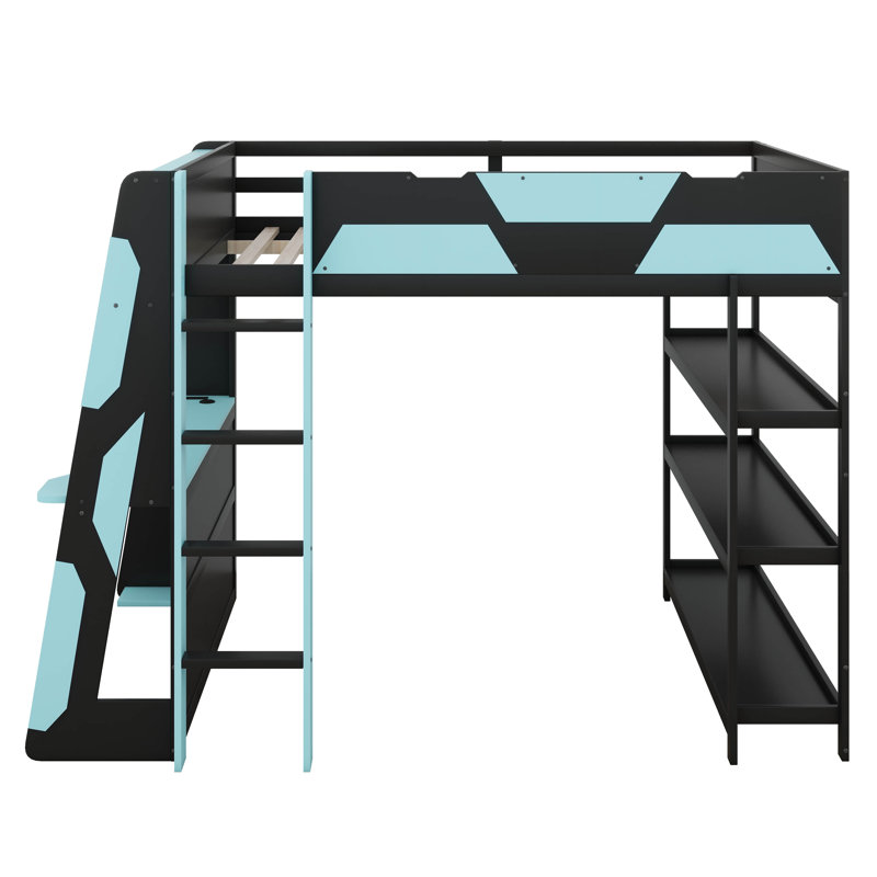 Gaming Loft Bed With Desk & Storage Shelves, Built-In Power Outlets & USB Ports, LED Lights, Black/Blue
