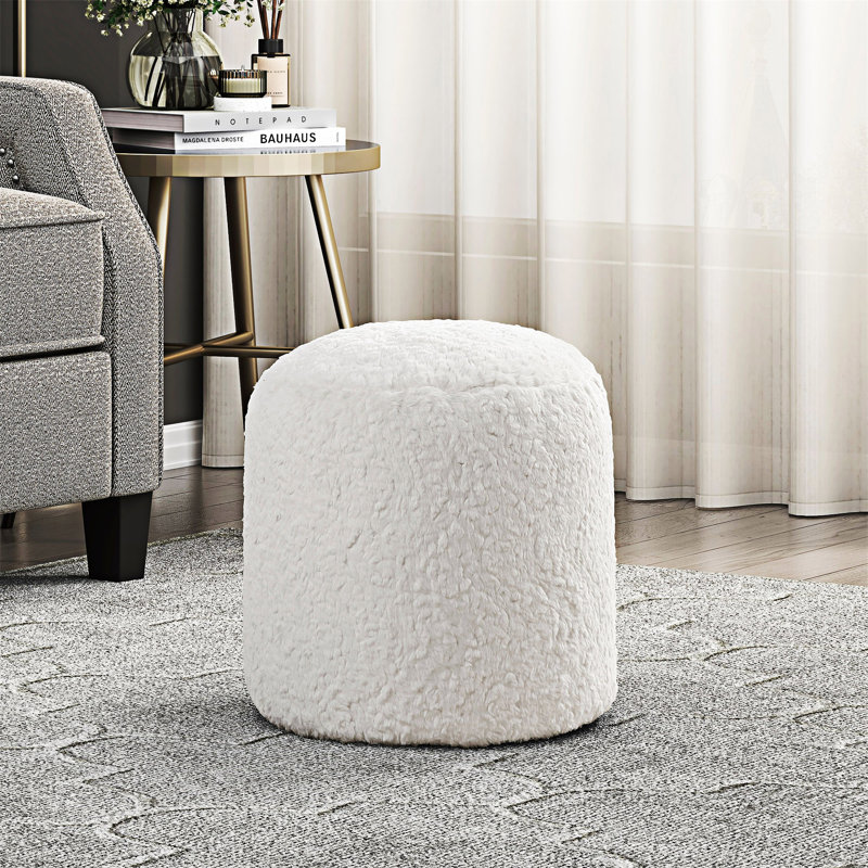 Upholstery Ottoman Footstool, Off White Faux Fur
