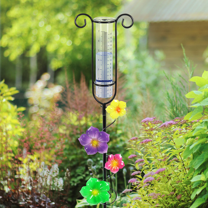 Multicolored Hand Painted Glass and Metal Rain Gauge Garden Stake