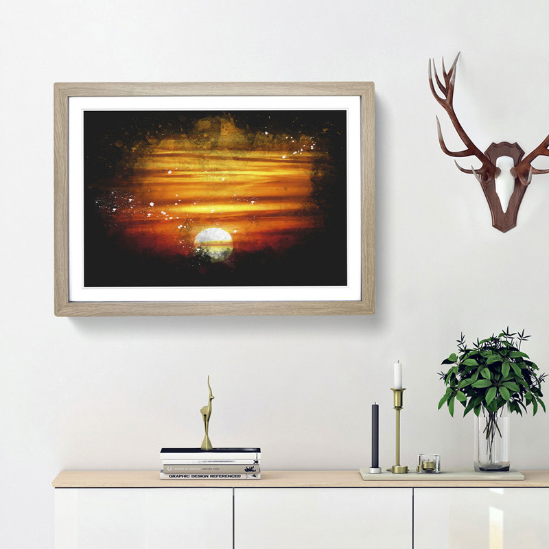 Orange Sunset - Single Picture Frame Print on MDF, 62cm H x 87cm W x 2cm D, Oak Framed