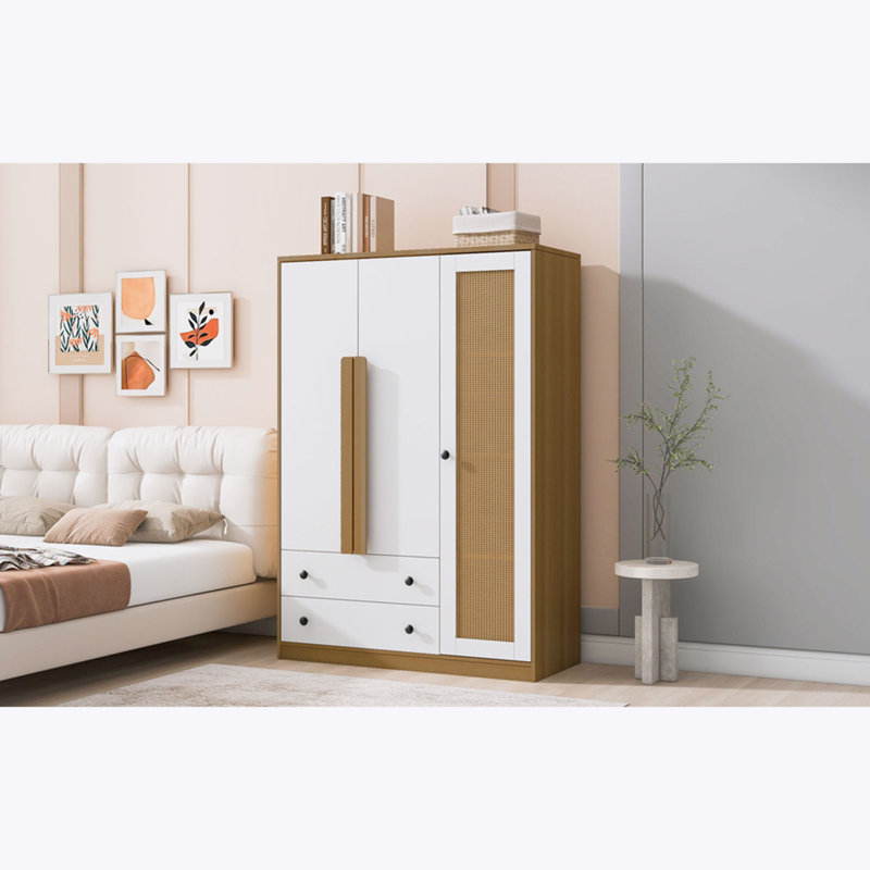 Armoire with 3 Doors and 2 Drawers, Natural/White