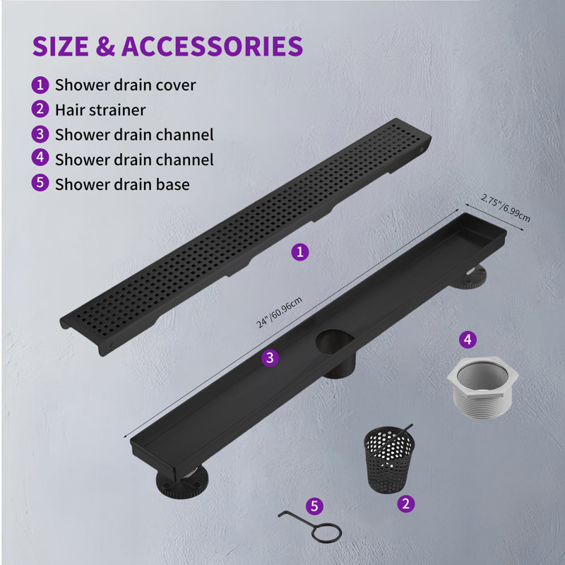 24 In. Stainless Steel Linear Shower Drain With Square Pattern Drain Cover In Matte Black, Matte Black