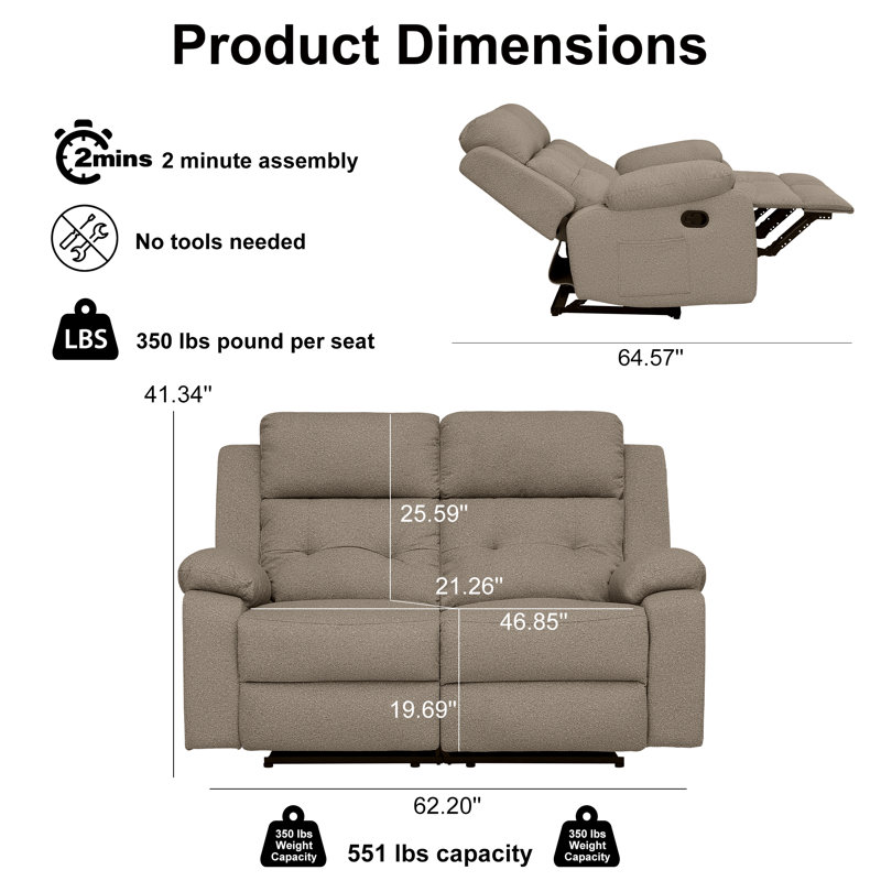 Lounger Reclining Loveseat Wall Hugger Dual Sided,With Side Pocket,Modern Manual Double Sofa-Light Brown