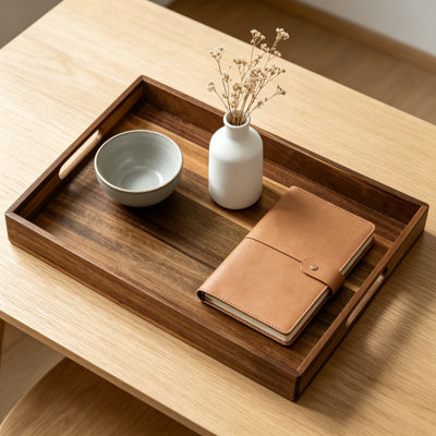 Wood Serving Tray with Handles, 17 Inch Rectangular Wooden Tray for Ottoman, Breakfast, Lunch and Dinner, Decorative Tray for Living Room, Kitchen Counter, and Outdoor Use
