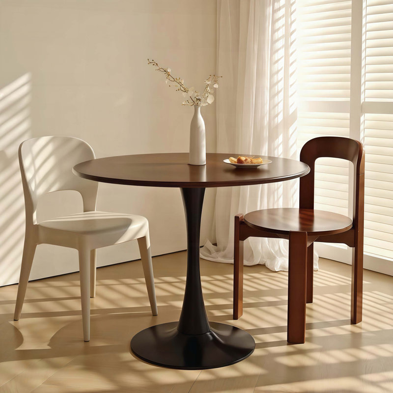 Mid-Century Round Tulip Dining Table - 31.5" MDF Top & Steel Pedestal for 2-4, 29.1" H x 31.5" W x 31.5" D, Black/Walnut