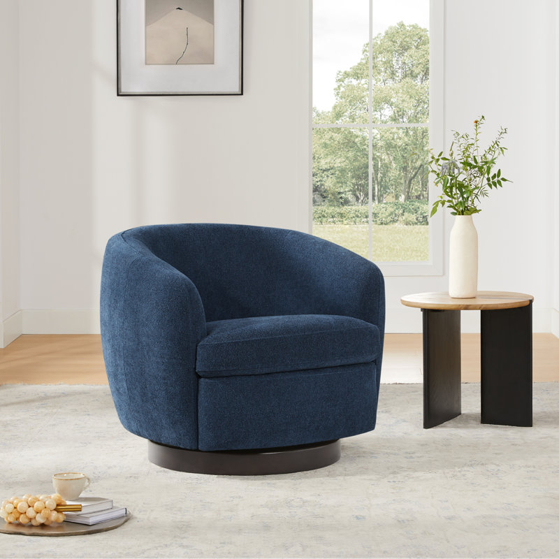 Fauteuil demi-tonneau pivotant rembourré Marcy, Chenille texturée bleu indigo Elite / noir