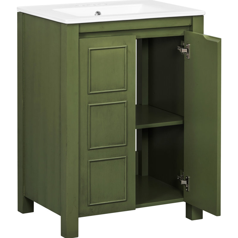 Meuble-lavabo de 24 po avec lavabo rectangulaire en céramique, structure en bois massif, panneaux latéraux, cadre à fermeture en douceur